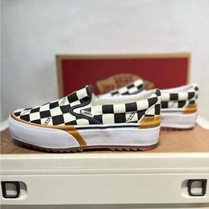 Vans Checkerboard Slip-On Platform Sneakers in Black and White with Tan Accents